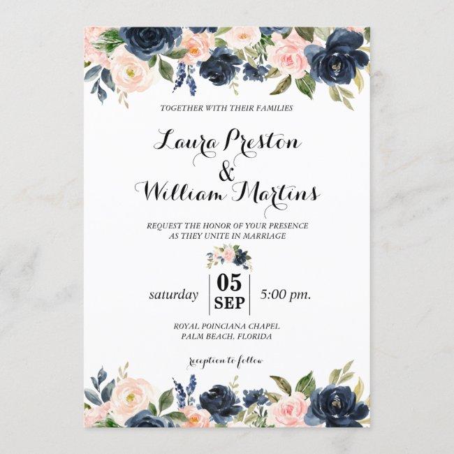 Navy Blue And Blush Pink Floral Watercolor Wedding