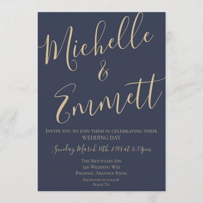 Navy Blue And Gold Script Wedding