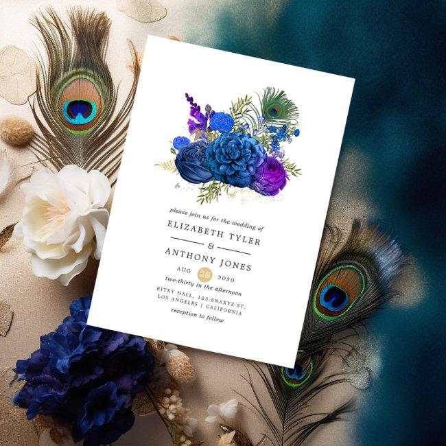 Navy Blue And Gold Vintage Peacock Floral Wedding