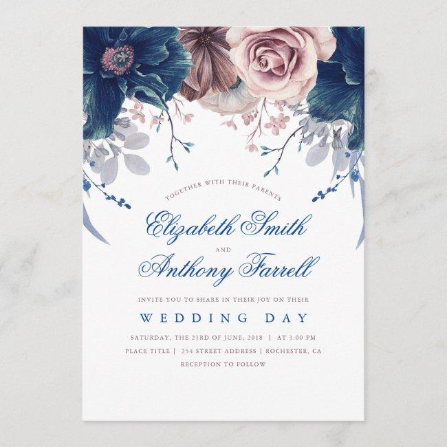 Navy Blue And Mauve Watercolor Floral Wedding