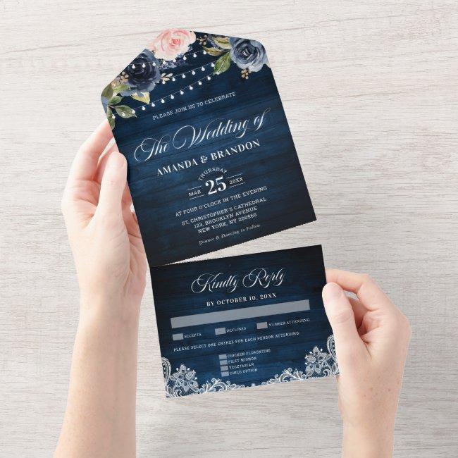 Navy Blue Blush Floral Rustic String Light Wedding All In One