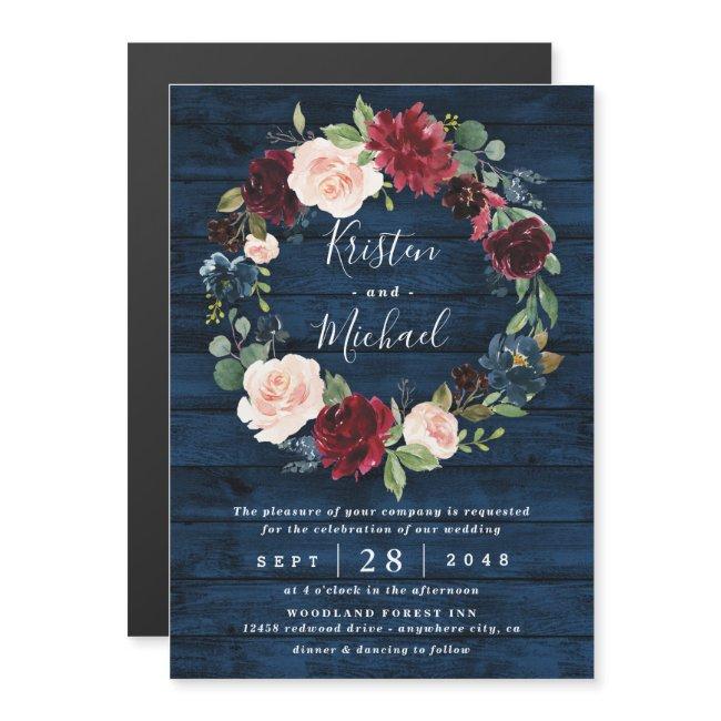 Navy Blue Burgundy Blush Watercolor Wreath Wedding Magnetic