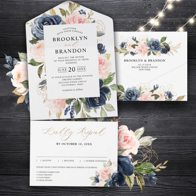 Navy Blue Dusty Blush Pink Floral Wedding All In All In One