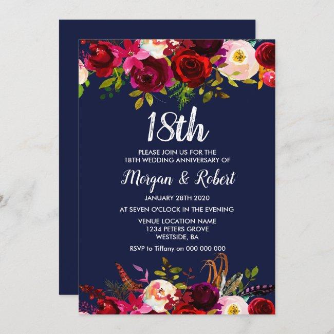 Navy Blue Floral 18th Wedding Anniversary Invite