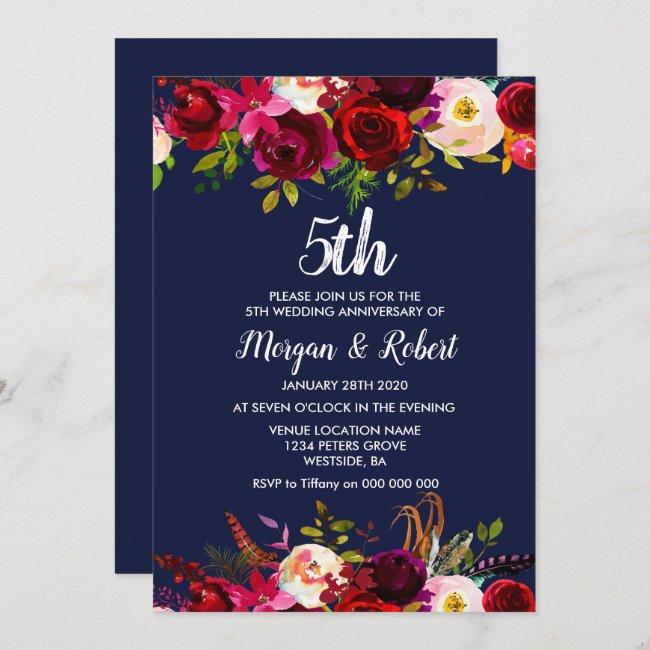 Navy Blue Floral 5th Wedding Anniversary Invite