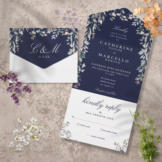 Navy Blue Floral Greenery Cascade Wedding All In One