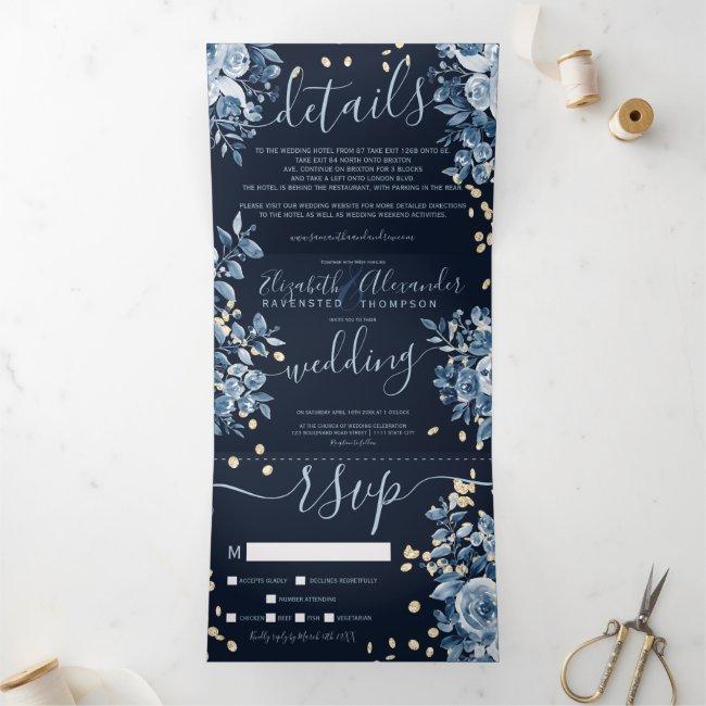 Navy Blue Floral Watercolor Chic Gold Wedding Tri-fold