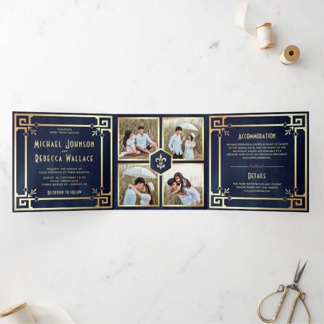 Navy Blue Gold Art Deco Photo Collage Wedding Tri-fold