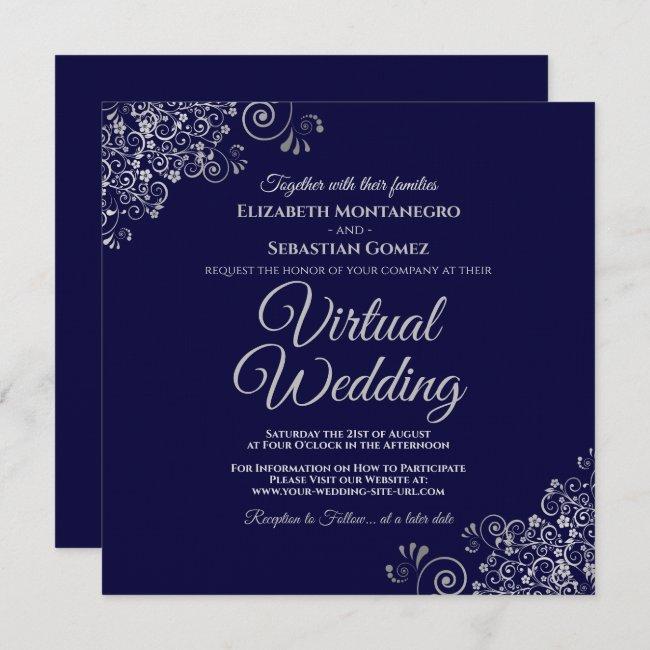 Navy Blue & Lacy Silver Elegant Virtual Wedding