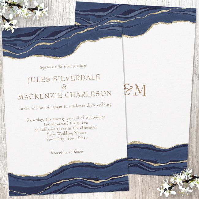 Navy Blue Marble Agate Gold Glitter Wedding