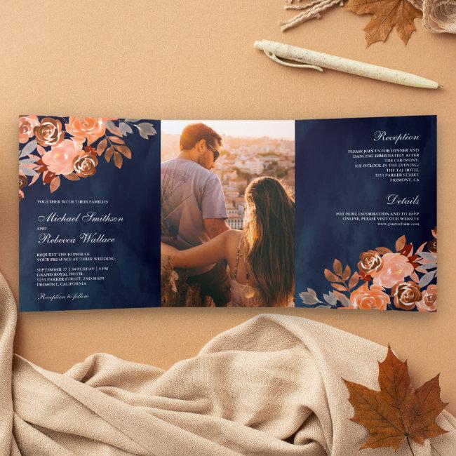 Navy Blue Rustic Earthy Terracotta Floral Wedding Tri-fold