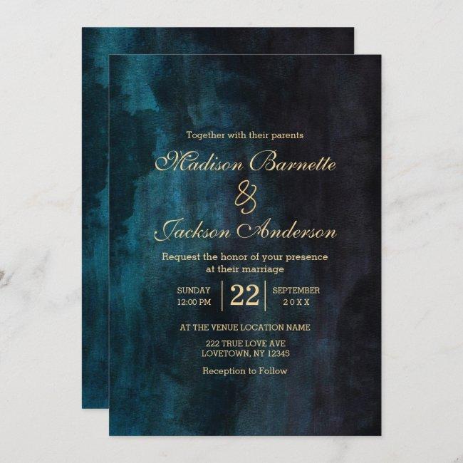 Navy Blue Teal Watercolor Gold Wedding