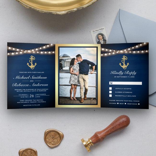 Navy Blue Wood Nautical Gold Anchor Lights Wedding Tri-fold