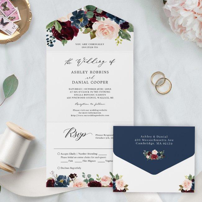 Navy Burgundy Blush Floral Wedding Details Rsvp All In One