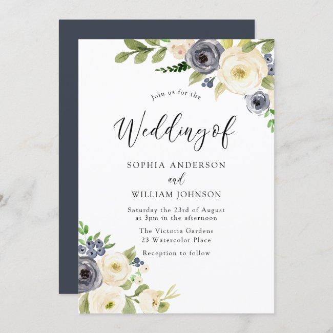 Navy & Champagne Watercolor Flowers Wedding