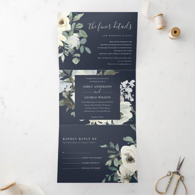 Navy Ivory White Floral Watercolor Bunch Wedding Tri-fold