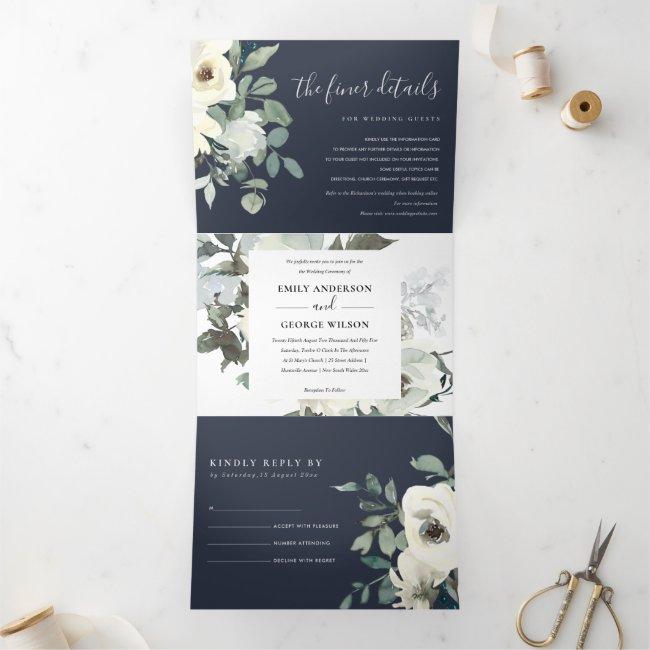 Navy Ivory White Floral Watercolor Bunch Wedding Tri-fold