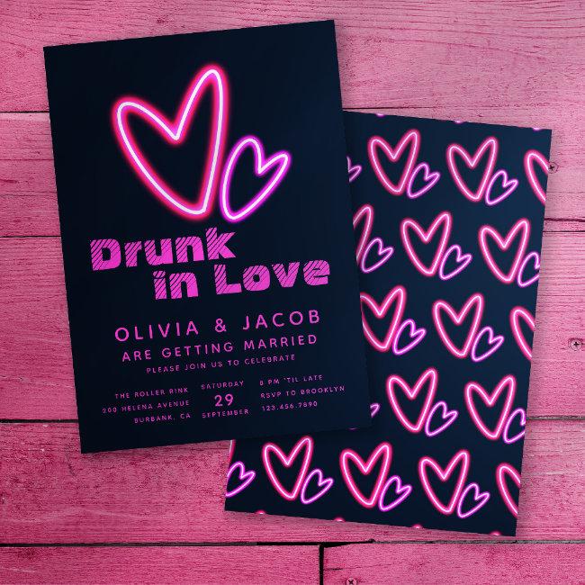 Neon Pink Hearts Drunk In Love Wedding Shower