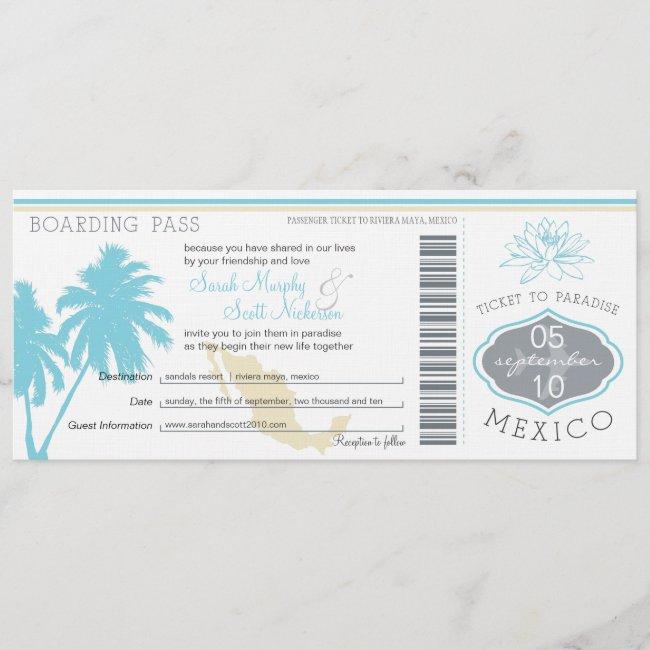 Ocean Blue Palm Tree Mexico Wedding Boarding Pass