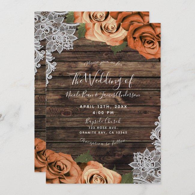 Orange Spice Floral Roses Rustic Wood Lace Wedding