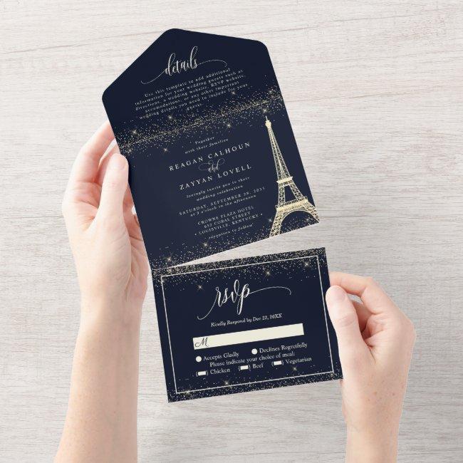 Paris Eiffel Tower Navy Gold Sparkle Wedding All I All In One