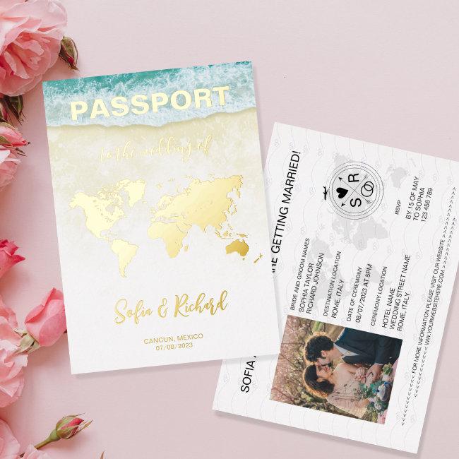 Passport Wedding Destination Gold Foil Plane Heart Foil