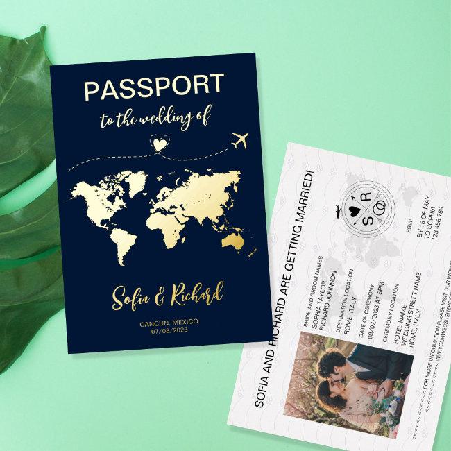 Passport Wedding Destination Gold Foil Plane Heart Foil