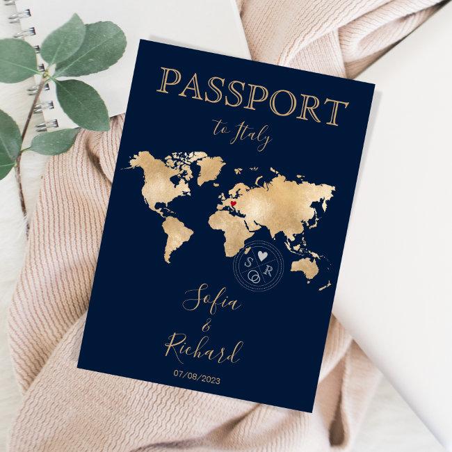 Passport Wedding Destination Gold World Map