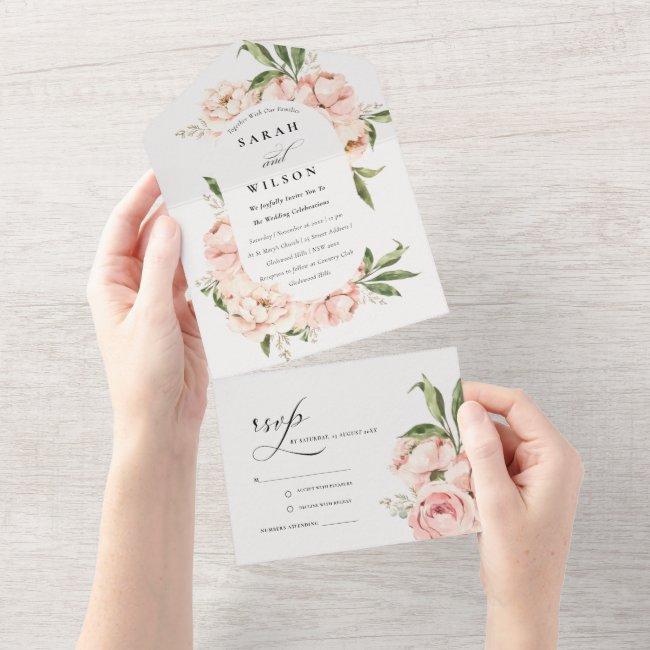 Pastel Soft Blush Peach Peony Floral Wedding All In One