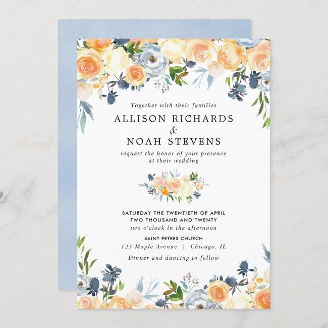 Peach Coral And Blue Floral Watercolor Wedding