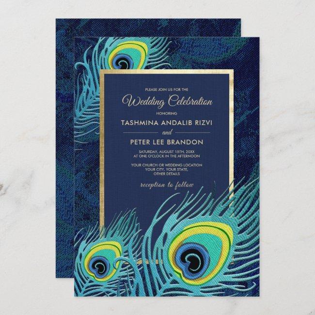 Peacock Feather Navy Blue Gold Wedding