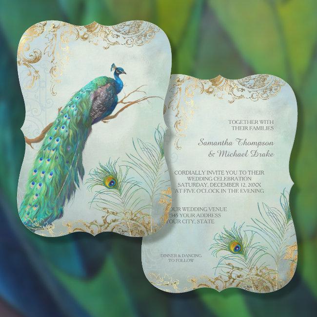 Peacock Feathers Elegant Aqua Blue Gold Wedding