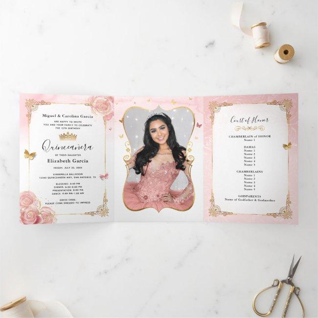 Photo Spanish Light Pink And Gold Quinceanera Tri-fold