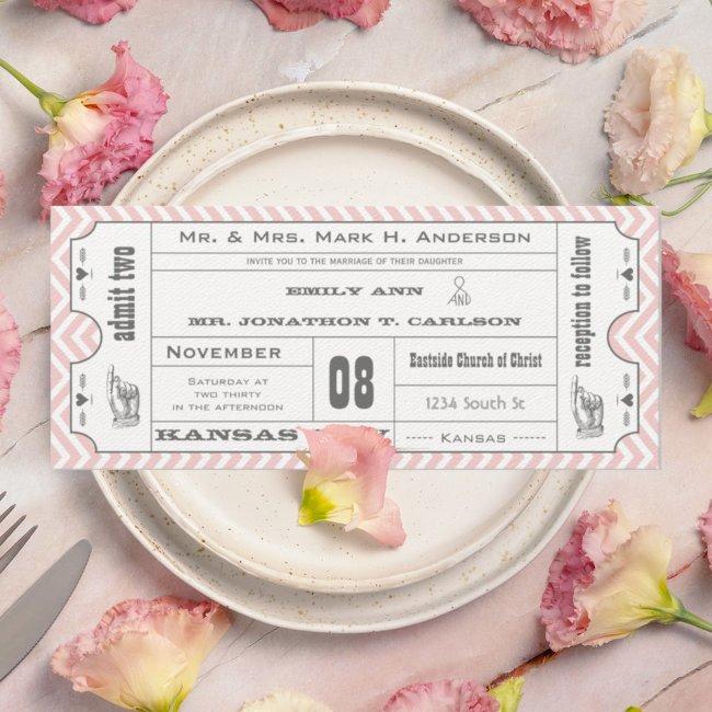 Pink Chevron Zig Zag Vintage Modern Ticket Wedding