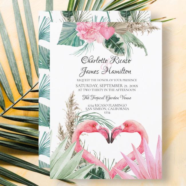 Pink Flamingo Love Heart Tropical Floral Wedding