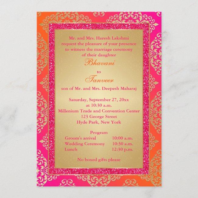 Pink, Orange, Gold Faux Glitter Wedding Invite