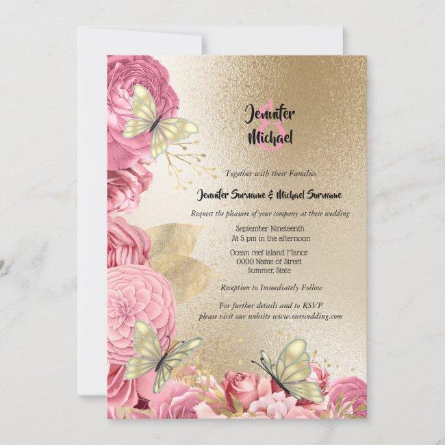 Pink Rose Gold Butterfly Foliage Wedding
