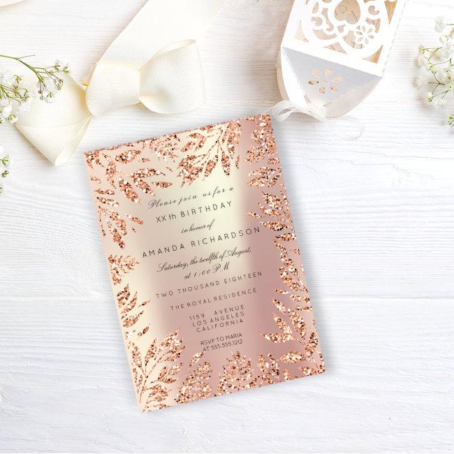 Pink Rose Gold Glitter Leafs Floral Frame Pearly