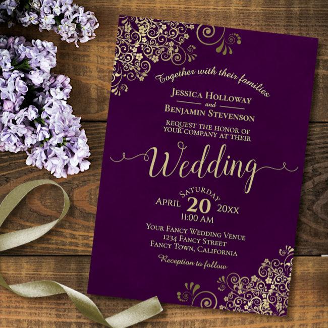Plum Purple Elegant Lacy Gold Calligraphy Wedding