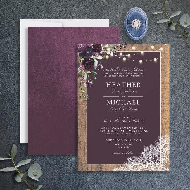 Plum Purple Rustic Wood Lace Script Wedding Invita