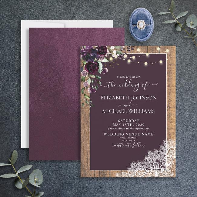 Plum Purple Rustic Wood Lace Script Wedding