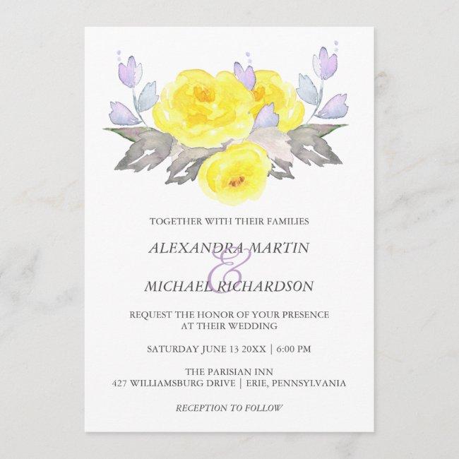 Pretty Watercolor Gray Yellow Purple Roses Wedding