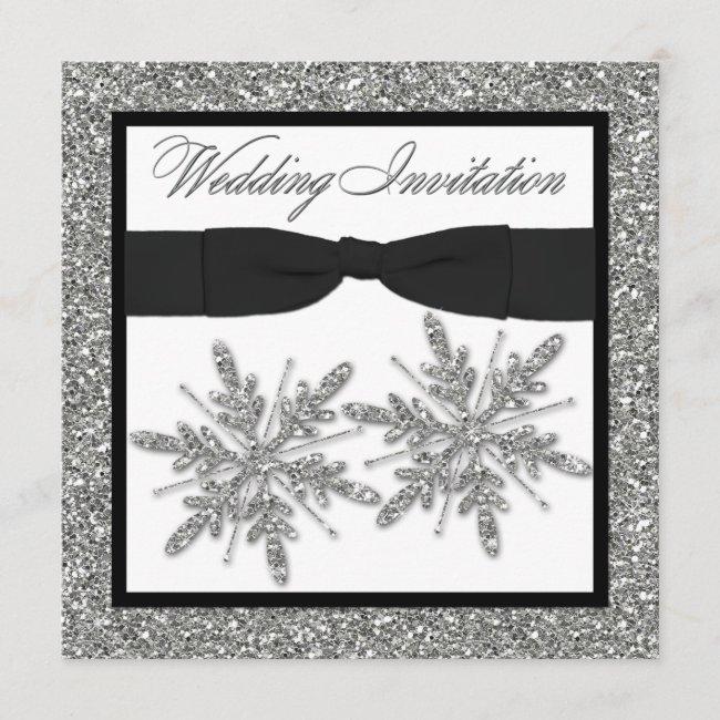 Printed Bow Glitter Look Snowflakes Wedding Invite