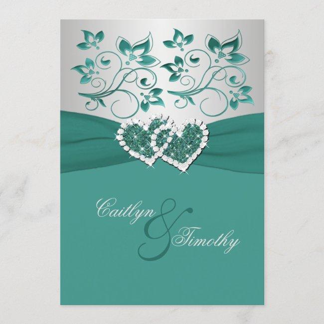 Printed Ribbon Teal Silver Joined Hearts Invite