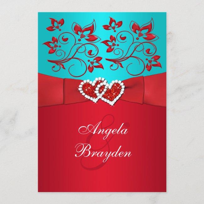 Printed Ribbon Turquoise Red Floral Wedding Invite