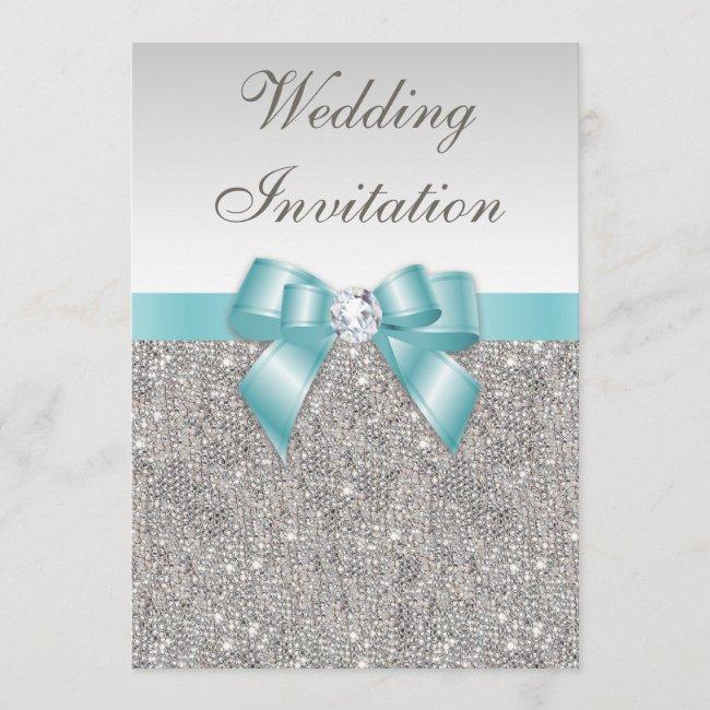 Printed Silver Sequins Diamonds Teal Bow Wedding