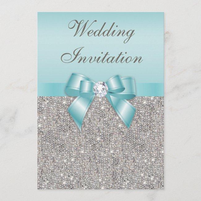 Printed Silver Sequins Diamonds Teal Bow Wedding