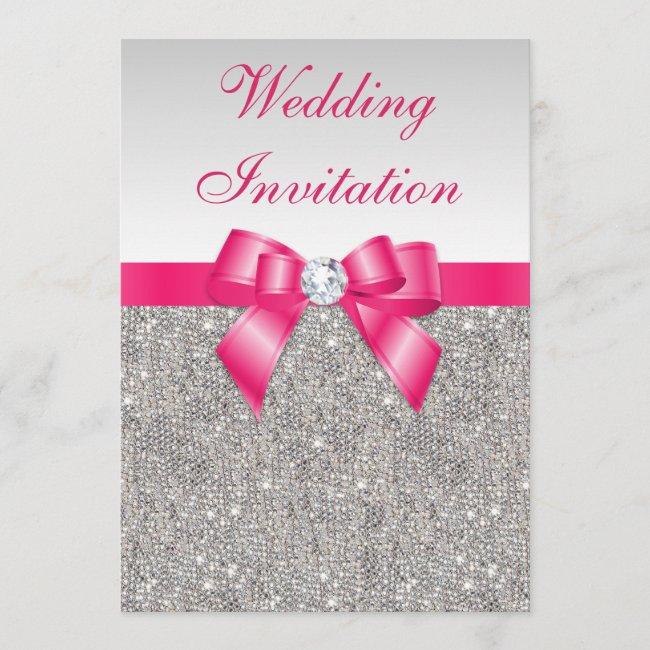 Printed Silver Sequins Hot Pink Bow Wedding