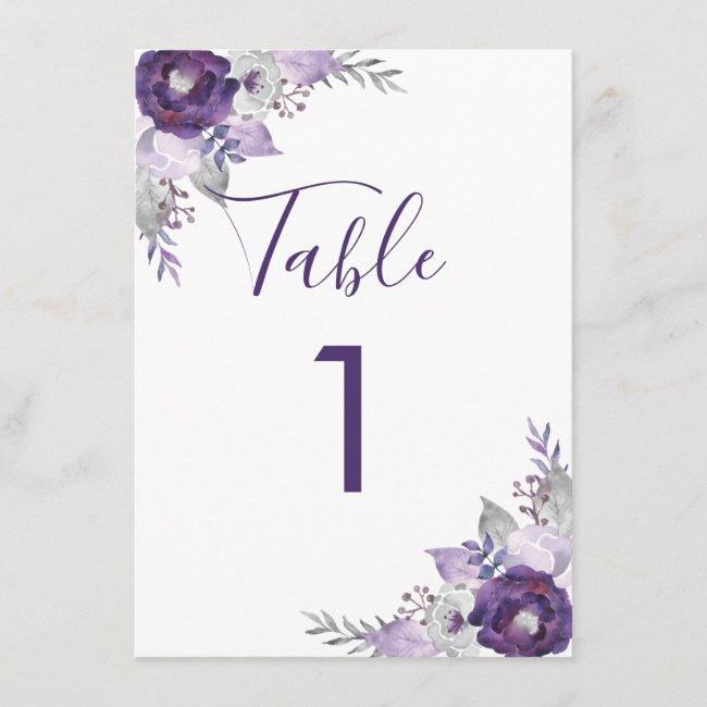 Purple And Silver Watercolor Floral Table Number
