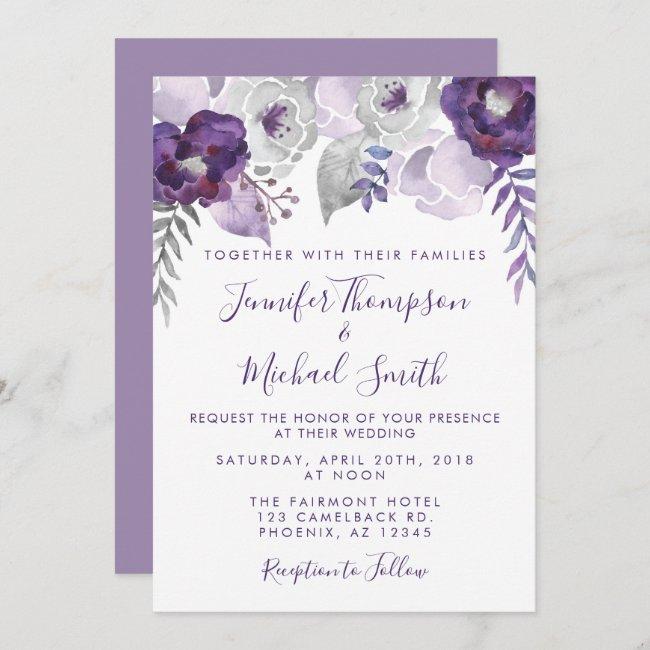 Purple And Silver Watercolor Floral Wedding